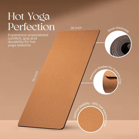 Cork Yoga Mat with Bag - Sweat Proof Durable extra thick hot yoga mat - Rubber Bottom Helps improve stability for excercises for yoga and pilates - Very Easy to Clean 70 Inches x 26 in Saudi Arabia