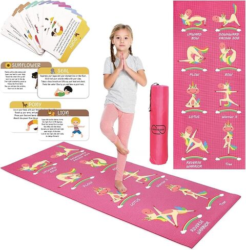 Garybank Kids Yoga Mat Set -Non-slip Exercise Mats with Fun Prints -12 Yoga Cards for Kids - Carrier Bag - Odor Free Non-Toxic, Cute Yoga Mat for Kids Girls Boys (60 X 24 X 0.2 Inch) in Saudi Arabia