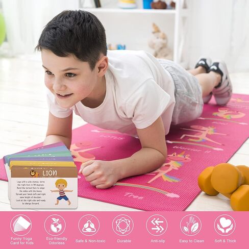 Garybank Kids Yoga Mat Set -Non-slip Exercise Mats with Fun Prints -12 Yoga Cards for Kids - Carrier Bag - Odor Free Non-Toxic, Cute Yoga Mat for Kids Girls Boys (60 X 24 X 0.2 Inch) in Saudi Arabia
