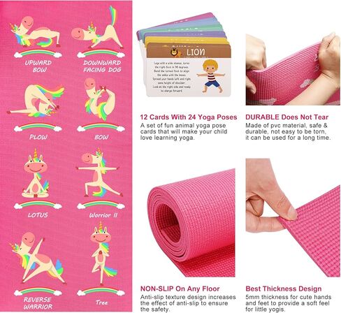 Garybank Kids Yoga Mat Set -Non-slip Exercise Mats with Fun Prints -12 Yoga Cards for Kids - Carrier Bag - Odor Free Non-Toxic, Cute Yoga Mat for Kids Girls Boys (60 X 24 X 0.2 Inch) in Saudi Arabia