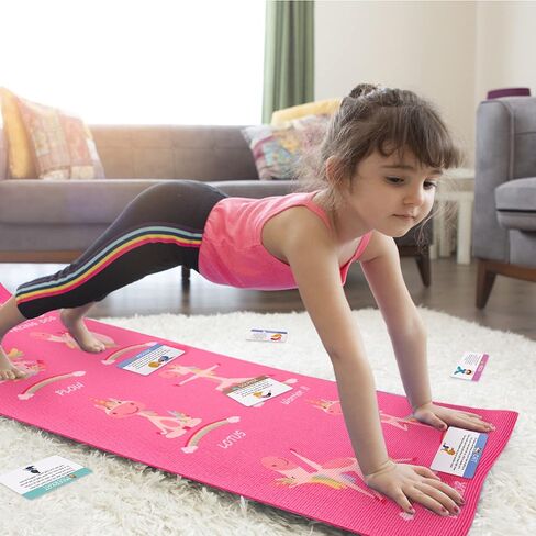Garybank Kids Yoga Mat Set -Non-slip Exercise Mats with Fun Prints -12 Yoga Cards for Kids - Carrier Bag - Odor Free Non-Toxic, Cute Yoga Mat for Kids Girls Boys (60 X 24 X 0.2 Inch) in Saudi Arabia