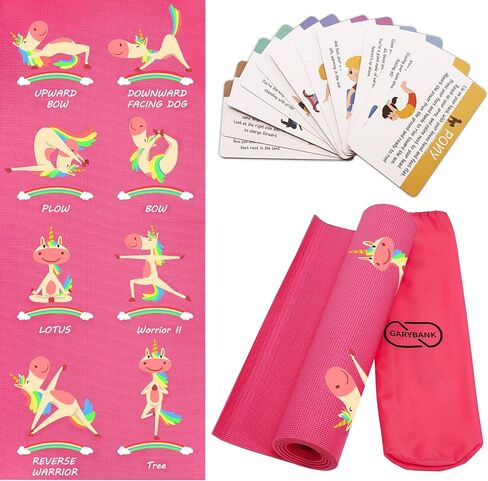 Garybank Kids Yoga Mat Set -Non-slip Exercise Mats with Fun Prints -12 Yoga Cards for Kids - Carrier Bag - Odor Free Non-Toxic, Cute Yoga Mat for Kids Girls Boys (60 X 24 X 0.2 Inch) in Saudi Arabia