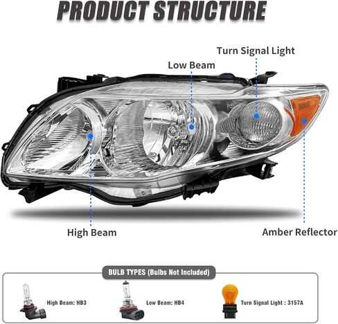for 2009 2010 Toyota Corolla Headlight Assembly compatible with 09 10 Corolla Base/CE/LE/XLE Models North America Built Vehicle Clear Lens Black Housing Amber Reflector Replacement Pair in Kuwait