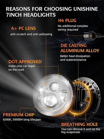 UNI-SHINE 2 قطعة جهاز عرض 7 بوصة LED مصباح أمامي Hi/Lo Beam Chrome DOT معتمد 7 بوصة مستدير H6024 مصباح أمامي LED متوافق مع Jeep Wrangler JK CJ TJ متوافق مع Miata متوافق مع Chevy SC2 in Saudi Arabia