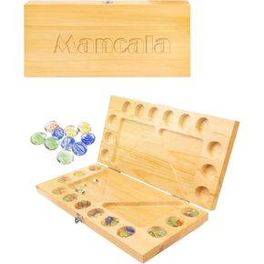 4 لاعبين لعبة Mancala لوحة ، لوحة مانكالا القابلة للطي الخشب الصلبة مع أحجار زجاجية متعددة الألوان ، ألعاب استراتيجية سفر عائلة مانكالا مع تعليمات اللعبة