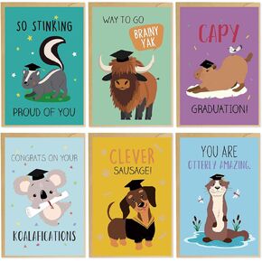 24 Funny Graduation Cards Bulk, 6 x 4 In Animals Graduation Cards Pack with Envelopes Stickers, Congrats Grad Gifts for Preschool Middle School High School College Graduates, Grad Party Supplies