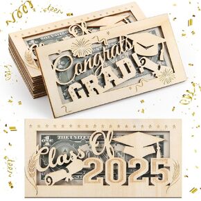 Blosssound 6 Pcs Class of 2025 Graduation Money Holder Gradation Gift Wooden Money Envelope Box Congrats Grad Wood Card Cash Holder Decor for 2025 Senior College High School Grads Party Favor Supplies