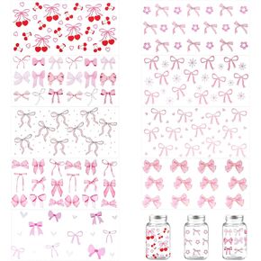 9 Sheets DTF Transfer Decorations, Pink Bow Transfer Stickers, Cute Bow Cup Wraps for 16 oz Glass Water Bottle, Girls DIY Crafts