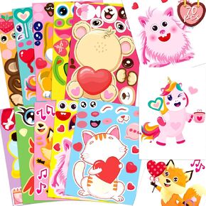 70Sheets Valentines Stickers Crafts for Kids - Make-A-Dog/Cat/Monster/Bear/Frog Face Sticker- Valentine's Day Gifts Goodie Bag Stuffer School Classroom Activity Games Party Favors (Small Size)