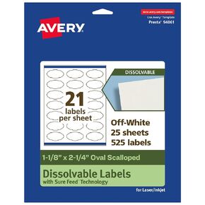 Avery Dissolvable Oval Scalloped Labels with Sure Feed Technology, 1-1/8" x 2-1/4", Matte White, Print-to-The-Edge, Compatible with Laser & Inkjet Printers, 525 Labels Total