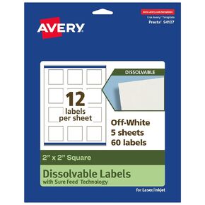 Avery Dissolvable Square Labels with Sure Feed Technology, 2" x 2", Matte White, Print-to-The-Edge, Compatible with Laser & Inkjet Printers, 300 Labels Total