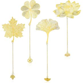 4 Pcs Metal Bookmarks with Chain, Golden Hollow Plant Bookmark for Book Lovers, Metal Lotus Leaf Bookmark for Reading Women Men Writers Readers Children Teens