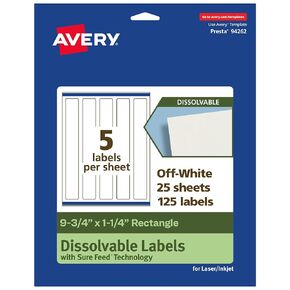 Avery Dissolvable Rectangle Labels with Sure Feed Technology, 9.75" x 1.25", Matte White, Print-to-The-Edge, Compatible with Laser & Inkjet Printers, 25 Labels Total
