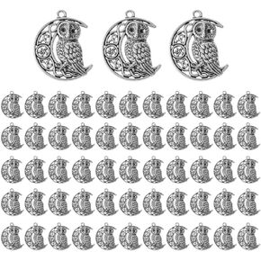25Pcs Antique Silver Carved Moon Owl Pendant Charms Intricate Design for DIY Jewelry Making for Necklaces Bracelets and Earrings 26 x 33 mm
