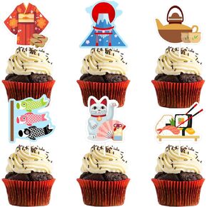 العناصر اليابانية Cupcake Toppers Decorations ، 24 مساءً للثقافة اليابانية تختار كب كيك ، سوشي لاكي كات كيك كيك