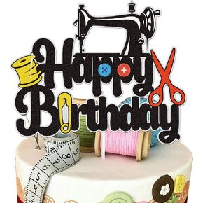 Sewing Machine Happy Birthday Cake Topper Black Glitter Scissors Clip Buttons Cake Decor Sewing Tool Tailor Seamstress Theme Birthday Party Supplies
