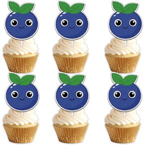18pcs Blue Glitter Cute Blueberry Dessert Cupcake Topper Pick for Funny Fruit Theme Decor Supplies Baby Shower Men Women Boys Girls Happy Birthday Party Decorations