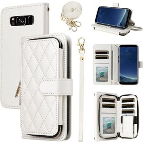 Wallet Case for Samsung Galaxy S8 Plus with Wrist Strap, Shoulder Strap, 9+ Card Slots Zipper Purse, Luxury PU Leather Stand Cell Phone Cover for S8plus S 8 8plus 8S Edge S8+ SM-G955U White