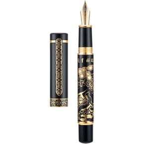 Hongdian 8037 Chinese Classical Fountain Pen, Iridum Fine Gold Nib with Chinese Deer Totem Design, Smooth Writing Pen with Ink Converter and Metal Pen Box Set