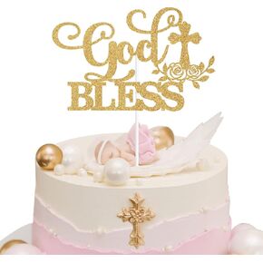 God Bless Cake Topper, My Baptism Cake Décor, Bless This Child, Religion First Communion/Baby Shower/Wedding/Engagement Party Decorations Supplies, Gold Glitter