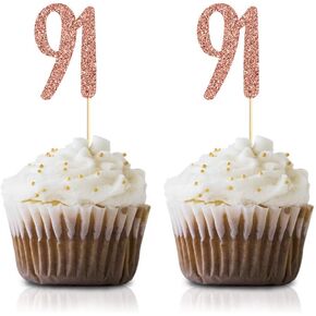Rose Gold 91st Birthday Cupcake Topper, 24-Pack Number 91 Glitter Happy Birthday Party Cupcake Toppers, Decorations