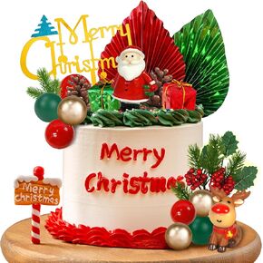 20 PCS Toppers Cake Christmas Cake - Derry Christmas Cake Decoration مع Palms Green & Red ، Mini Santa & Reindeer لحفلة عيد ميلاد ذات طابع ، دش الطفل