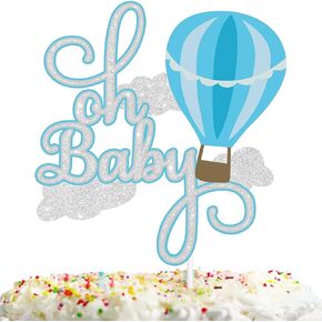Blue Glitter Oh Baby Cake Topper Hot Air Balloon Travel Theme Decor Supplies Baby Shower Boys Girls Happy Birthday Weeding Anniversary Party Decorations