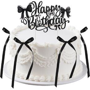 Bow Cake Topper مع علامة عيد ميلاد سعيد ، على غرار Retro Vintage Bowknot Coquette طراف الحفلات ديكور قلب كب كيك الشريط Topper لعيد ميلاد دش الطفل (أسود)