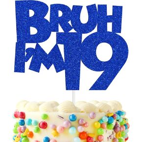 Bruh I'm 19 Cake Topper, Bro I'M 19, Cheers to 19 Years, Happy 19th Birthday Party Decorations Supplies for Boys Men, Blue Glitter