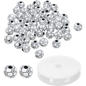Batikil 12mm Acrylic Football Beads Bulk ، 100 Pack Sports Bead Bead Star Star Round Spacer مع حبل مرن 4.4 ياردة لصنع قلادة DIY Crafts ، متعدد الألوان