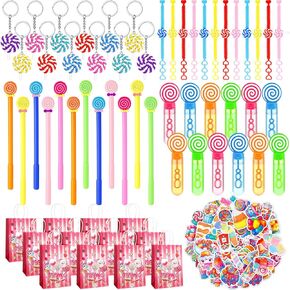 110 PCS Candy Party Favors تشمل Mini Sweet Lollipop Bubble Wands Wristbands مفاتيح الألغام الملصقات الورق Goodie Gift For Girls Homed Birthday Baby Baby Party