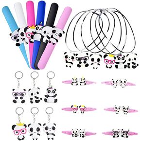 24 حزمة من Panda Party تفضل الإمدادات مع سوار صفعة الباندا ، قلادة ، سلاسل المفاتيح ، دبابيس الشعر لباندا بير عيد ميلاد دش الطفل