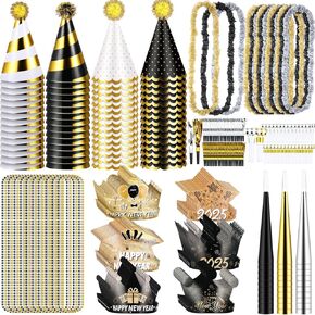 Junkin 360 Pcs 2025 New Years Eve Party Supplies for 120 Guests Include Black Gold Top Hats Headbands Bead Necklace Noise Makers Wreath Happy New Year Decorations Bulk Party Favors