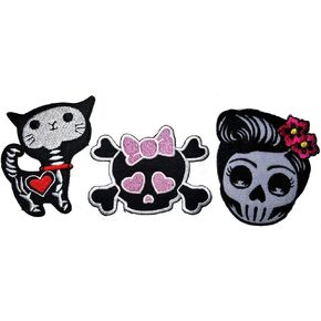 PP Patch مجموعة لطيف جميلة جمجمة Crossbones فتاة مع القوس الوردي بانك الصدمة الصدمة الهيكل العظمي زهرة السكر جمجمة الأشعة السينية القط كيتي مضحك كرتون ديي زين خياطة خياطة على التصحيح