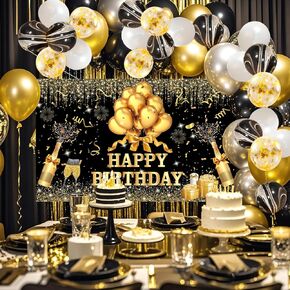 Yinqin 63 PCS Gold Gold Gold Happy Birthday Party Balloons مع خلفيات عيد ميلاد خلفيات خلفيات اللافت