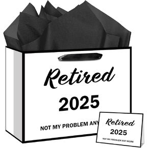 2025 Retirement Gift Bag for Women Men Coworker White 2025 Retirement Wrapping Paper Bag with Tissue Paper and Greeting Card 2025 Retirement Gift Wrap for Retirement Farewell Going Away Party Supplies