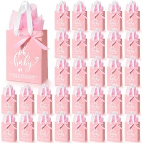 PerKoop 50 Packs Baby Shower Gifts Bags Bulk Baby Shower Favor Bags with Handle Paper and 50 Sheets Decorative Tissue Paper for Guests Gifts Gender Reveal(Pink)