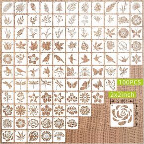 100 Pcs Stencils for Painting on Wood Reusable Floral & Botanical Templates Stencil Crafts Drawing Templates for DIY Art, Home Decor, Wood, Glass, Fabric (2x2 Inch, Flower and Leaf Bird)