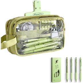 ITA Pencil Bouch ، حالة قلم مكتب كبير السعة مع 5 مقصورات ومقبض واضحة ، حقيبة منظم محمولة للبالغين (Blue+4Pens)