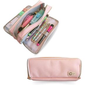 Channie's Pink Pencil Case - 3-Compartment Cute Pencil Case for School & Office - Spacious, Durable, Stylish, Portable Stationery Organizer & Multi-Functional Pink Pencil Pouch