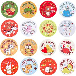1000 PCS Cartoon Animal Stickers للأطفال ، مكافأة ملصقات لمكتب Kid Teacher Class -School Home Office (1 بوصة / 2 لفات)