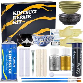 Kintsugi Repair Kit Gold & Sliver, 21 Pcs Ceramic Repair Kit, Repair Your Meaningful Porcelain with Ease, Safe Bio Resin, Perfect for Beginners, Dishwasher Safe