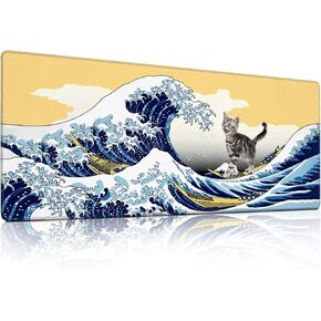 Cat Funny Cat تصفح The Great Wave Off Kanagawa Mouse Pad - حصيرة مكتب كبيرة غير قابلة للانزلاق للمكتب ، الكمبيوتر ، الكمبيوتر المحمول - 31.5 "x11.8" × 3 مم