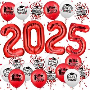 2025 Graduation Party Decorations Set-40 Inch Red Number 2025 Aluminum Foil Balloons and 18 Pcs Red Black Congrats Grad Latex Confetti Balloons for Class of 2025 Graduation Party Supplies