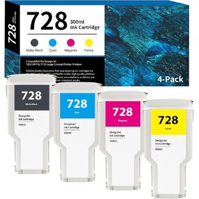 728 Ink Cartridges 300ml 4-Pack (MK/C/M/Y) 728XL Replacement for HP 728 Ink Cartridge F9J68A F9K17A F9K16A F9K15A for DesignJet T830 MFP T730 Large Format Plotter Printer Ink