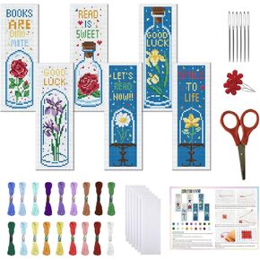 FREEBLOSS 6pc Cross Stitch Bookmark Kit - Modern Floral Designs - Adult DIY Craft Kit - 8.66''x3.15''
