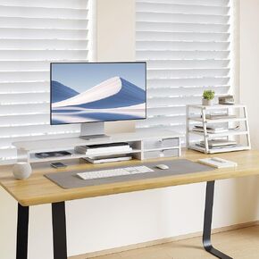 Fenge Dual Monitor Riser with Drawer & 4 Tier Desktop Organizer, White