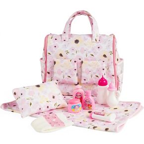 BABESIDE 10 Pcs Baby Doll Diaper Bag Set for 12-15 Inch Babydolls, Baby Dolls Accessories Set with 2-in-1 Diaper Bag Changing Pad and Baby Doll Bath Set for Realistic Dolls, Pink