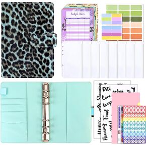 A6 Leather Budget Planner Organizer, Leopard Print, with 8 Cash Envelopes and Stickers，Budget envelopes for Cash budgeting，Budget Wallet with Cash envelopes (Dark Coffee)
