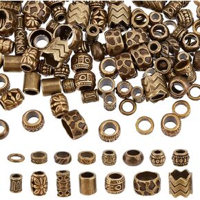NBEADS 150 Pcs 15 Styles Alloy Spacer Beads, Antique Bronze Hair Beads Alloy Dreadlock Beads 4-10mm Large Hole Loose Beads for Hair Braids Hair Decoration
